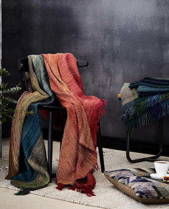 Birami blanket, red & orange & mustard, 60% linen & 40% silk