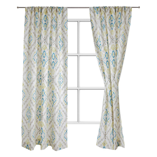 Suide curtain, natural white & turquoise & green, 65% linen & 35% polyester