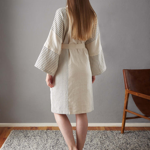Kadan bathrobe, cream & black, 50% linen & 50% cotton | URBANARA bathrobes