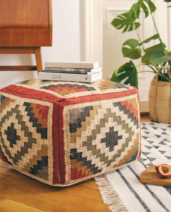 Gandaki pouf, rust orange & sand & olive green, 90% jute & 10% cotton