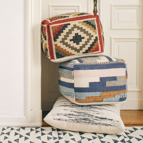 Gandaki pouf, rust orange & sand & olive green, 90% jute & 10% cotton | URBANARA stools & poufs