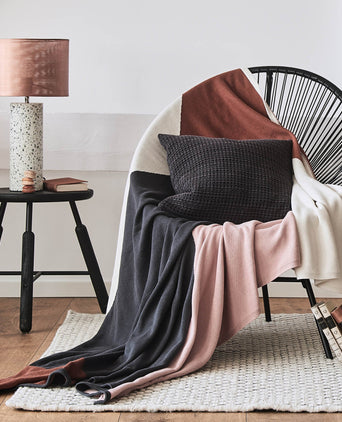 Kabral blanket, light pink & charcoal & cognac, 100% cotton