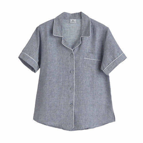 Casaal Short Sleeve Pyjama Shirt dark grey blue & white, 100% linen & 100% cotton | URBANARA nightwear
