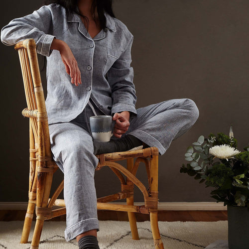 Casaal Pyjama Shirt dark grey blue & white, 100% linen & 100% cotton