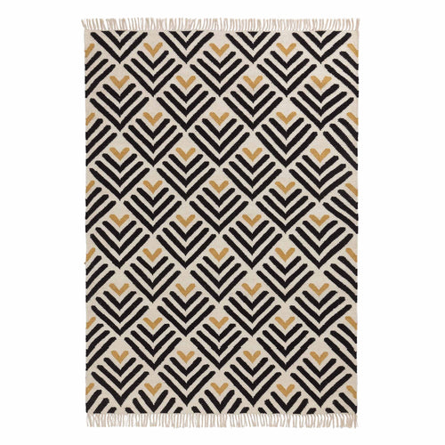 Caen rug, black & bright mustard & natural white, 90% wool & 10% cotton | URBANARA wool rugs