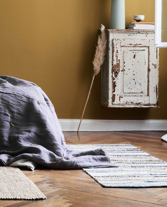 Colmar rug, mustard & cognac & dark blue, 100% new zealand wool
