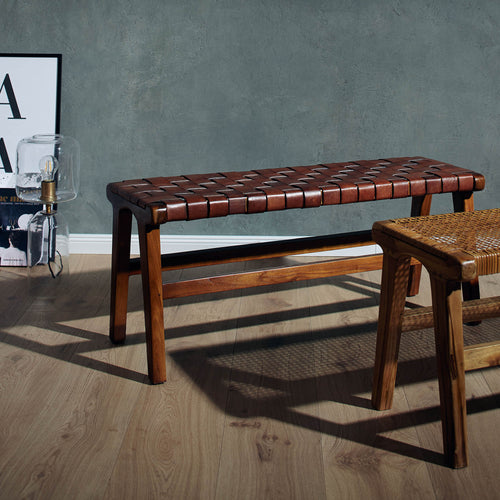 Kamaru bench, cognac, 100% leather & 100% teak wood |High quality homewares
