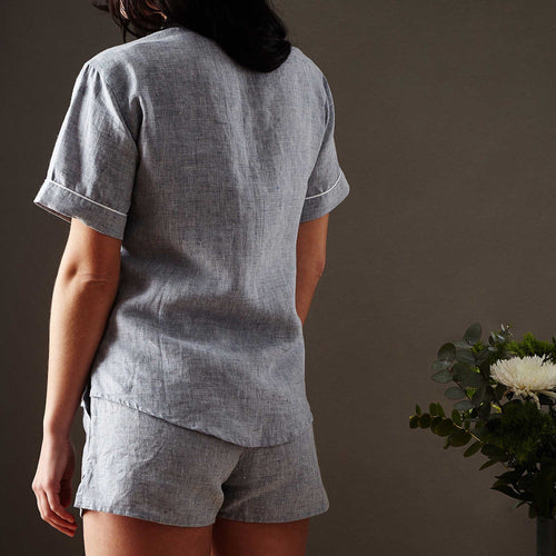 Casaal pyjama, dark grey blue & white, 100% linen & 100% cotton | URBANARA nightwear