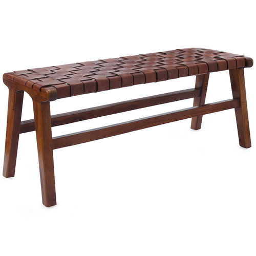 Kamaru bench, cognac, 100% leather & 100% teak wood