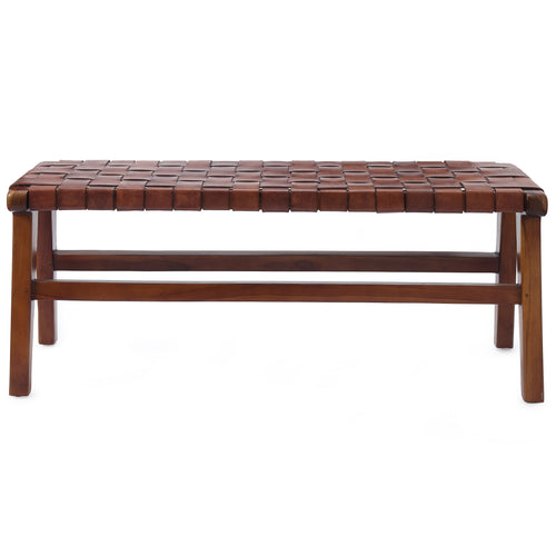 Kamaru bench, cognac, 100% leather & 100% teak wood | URBANARA small furniture