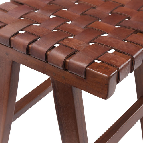 Kamaru Stool cognac, 100% leather & 100% teak wood | URBANARA small furniture