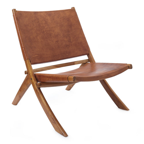 Kamaru chair, cognac, 100% leather & 100% teak wood